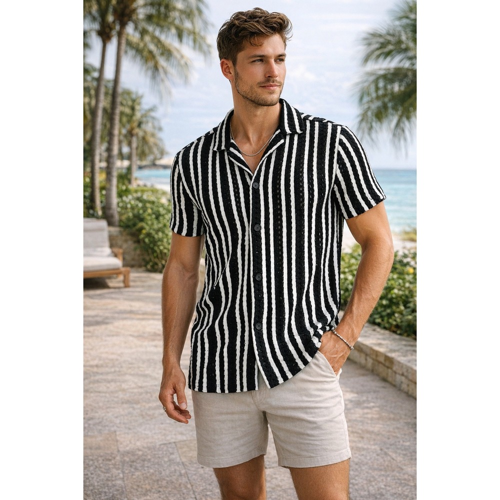 Cactus Man Ricky Singh Mens Small Black White Striped Crochet Knit Camp Shirt